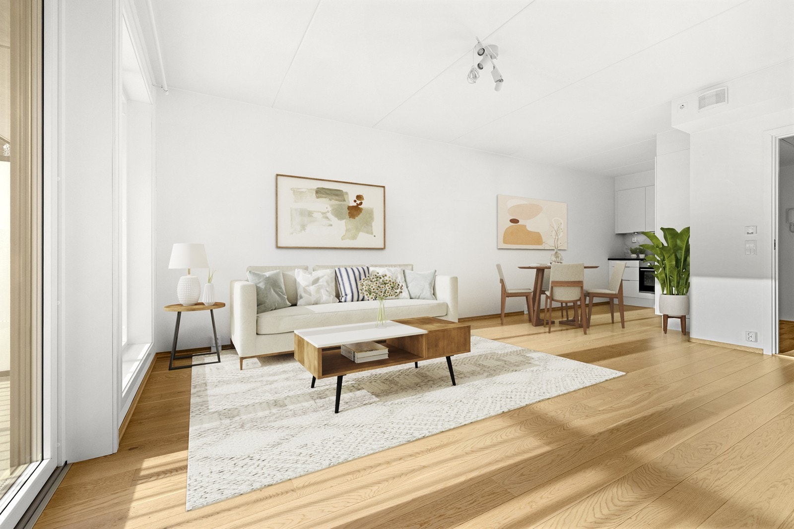 En lys og moderne 2-roms leilighet med gjennomgående god standard og heisadkomst. Bildet er digitalt stylet. Galleribilde