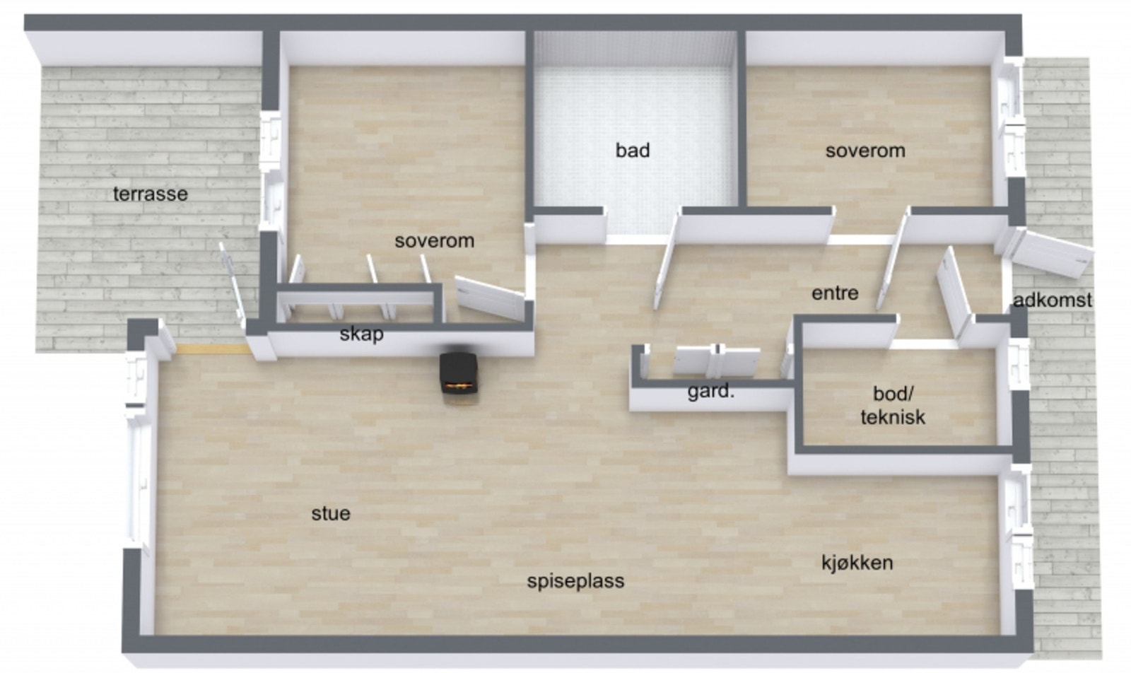 Leiligheten byr på: gang, teknisk rom, to gode soverom, bad og en lys stue med peis, samt åpen kjøkkenløsning. Galleribilde
