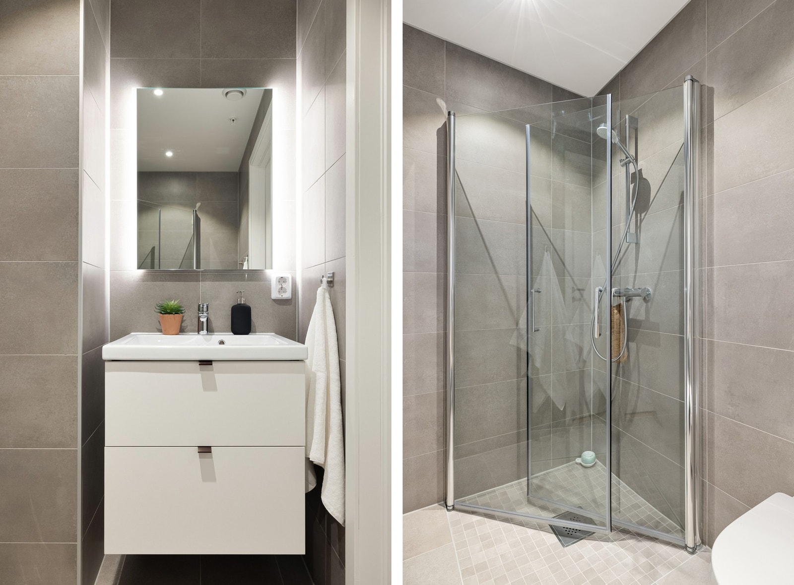 Badet er innredet med veggmontert toalett, skuffeinnredning med
overliggende servant, dushjørne. Galleribilde