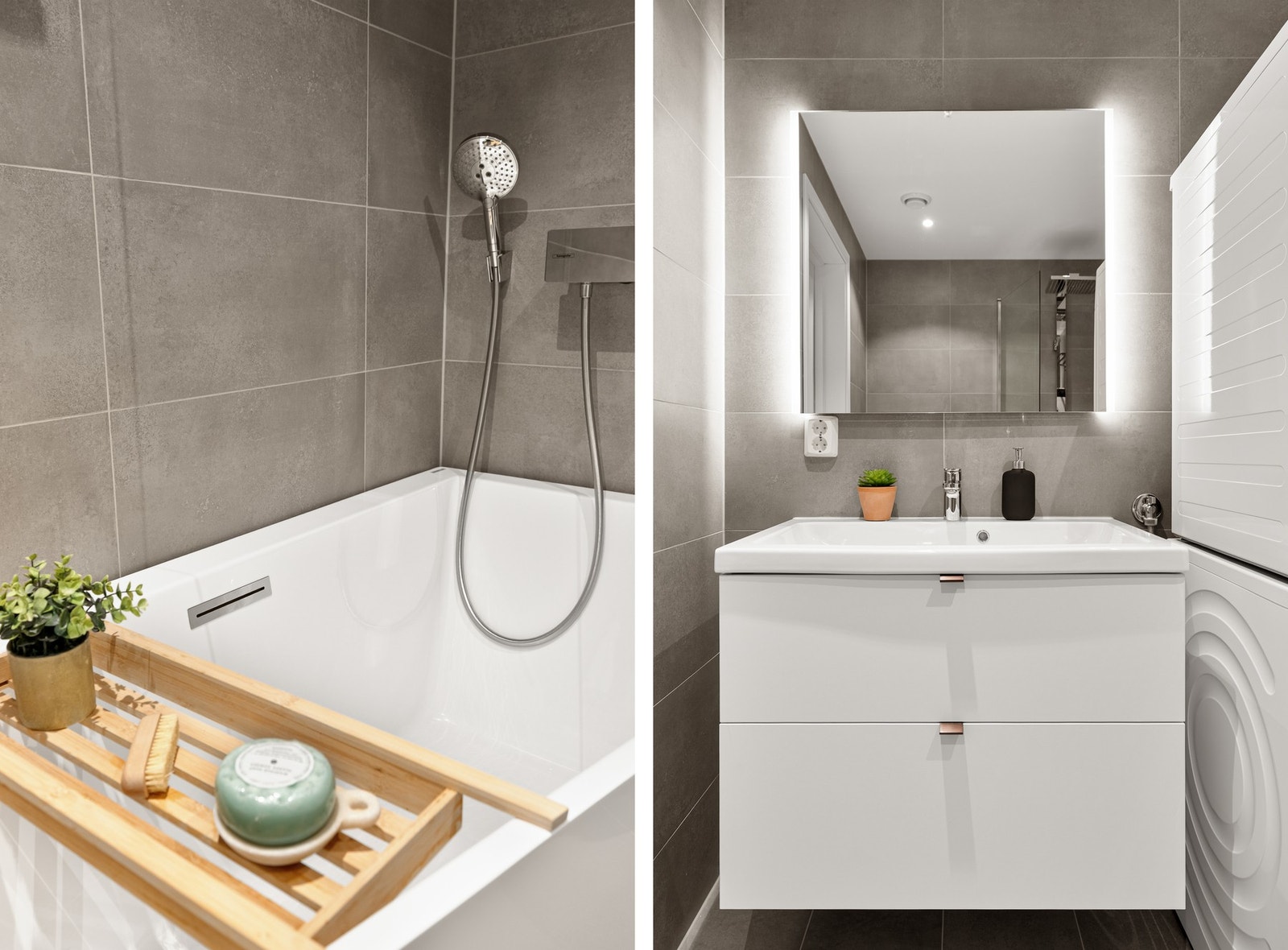 På badet er det innredning med veggmontert toalett, skuffeinnredning med
overliggende servant, badekar, opplegg for vaskemaskin. Galleribilde