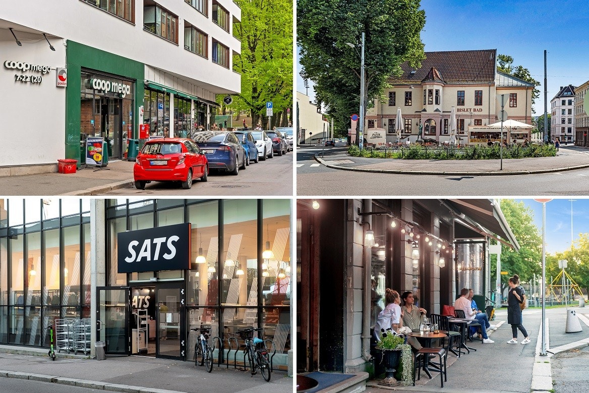 Kort vei til Coop Mega (med post i butikk), Apotek1, Kiwi, Sats og flere service- og serveringstilbud. Gode kollektivforbindelser med buss og trikk i alle retninger. Galleribilde