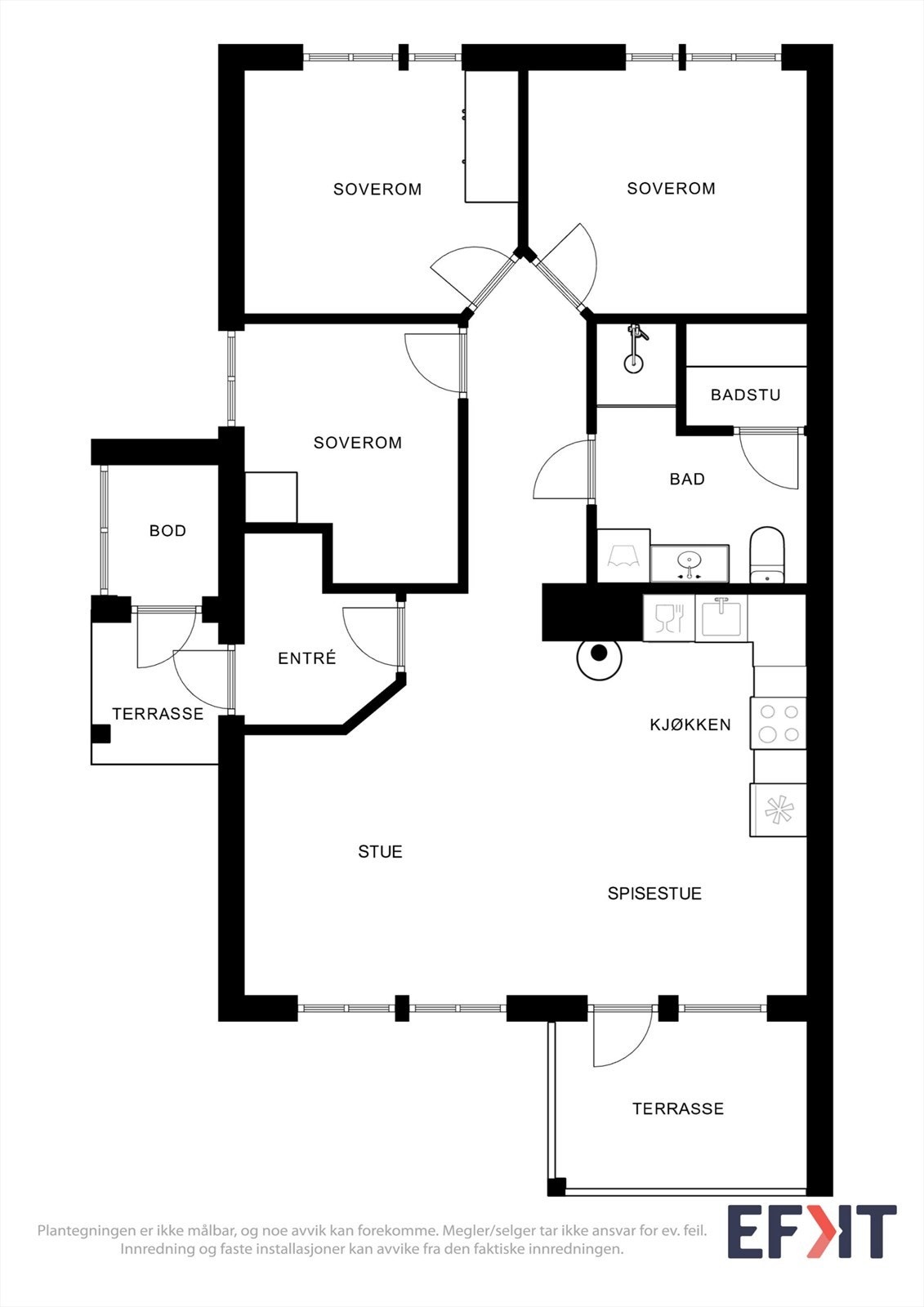 Plantegningen viser en arealeffektiv leilighet med tre soverom, bad, badstue og åpen stue/kjøkkenløsning. Galleribilde