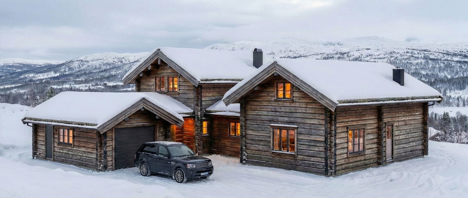 Illustrasjon av hytte med garasje på tomten. Bildet er AI-generert og kun ment som forslag. Galleribilde