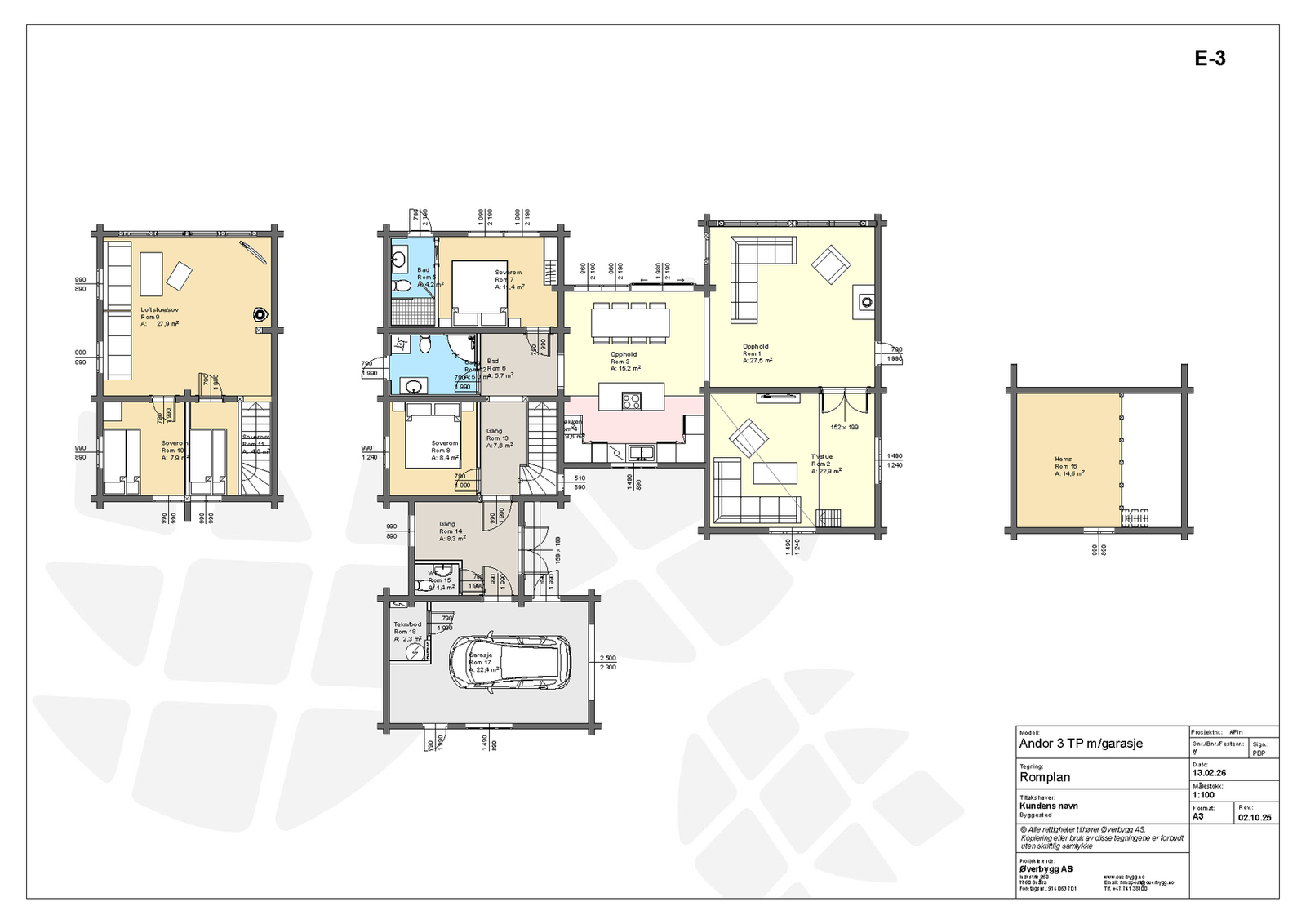 Plantegning hovedplan, hems og garasje. Galleribilde