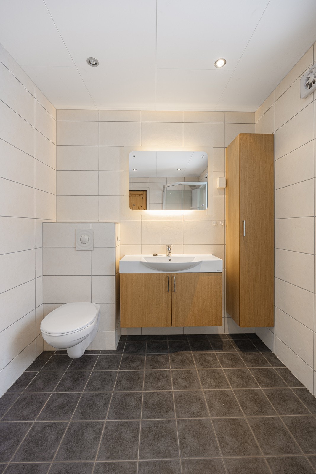 Innredningen har heldekkende servant over skapseksjon, matchende høyskap og speil med integrert belysning. Galleribilde