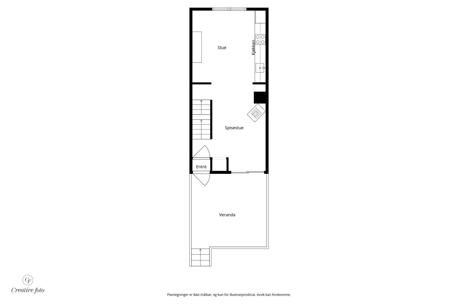 Første etasje har en sosial og åpen planløsning med entré, spisestue og stue/kjøkken. Galleribilde