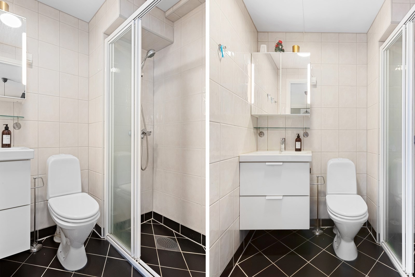 Bad med dusjnisje, toalett og servantskap. Galleribilde