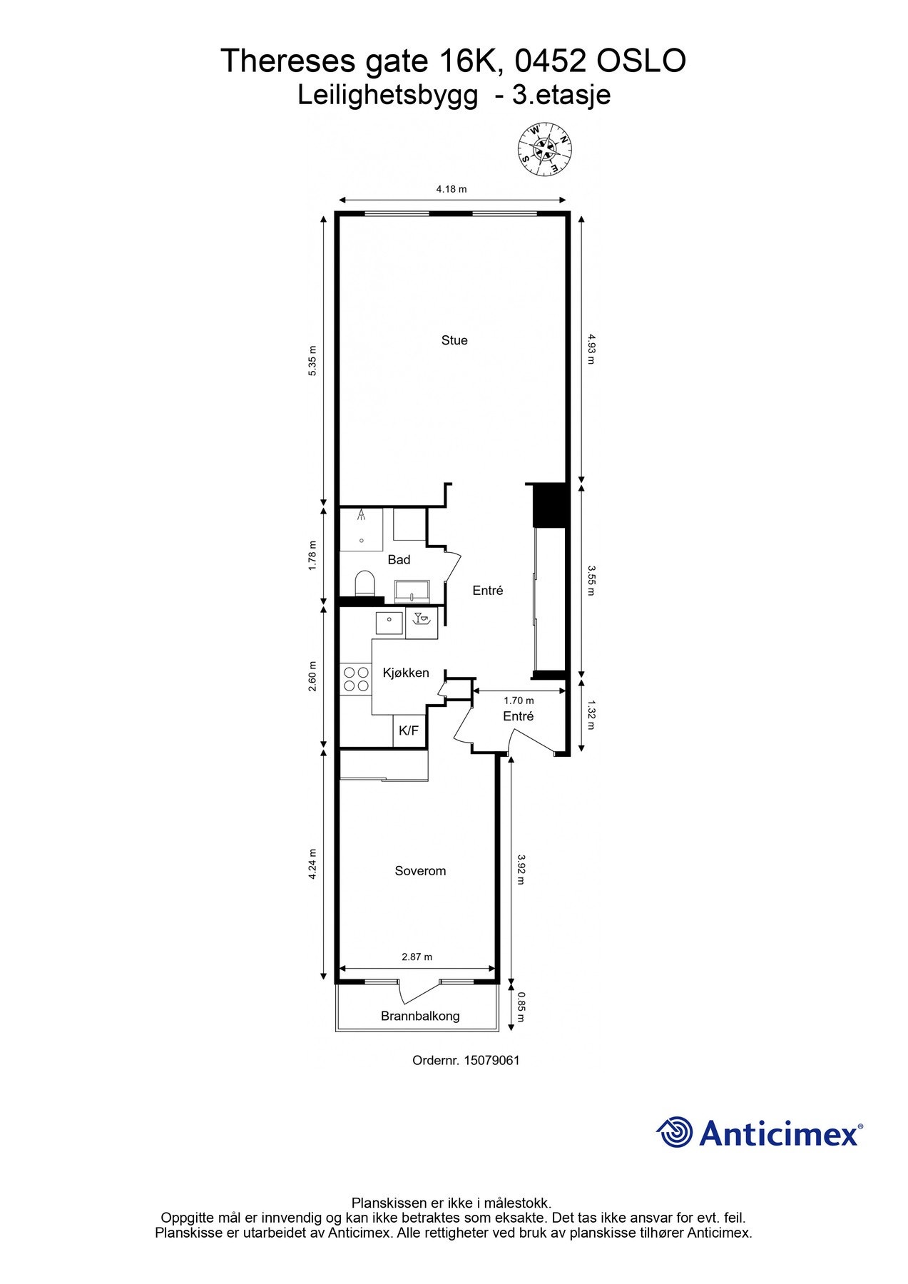 Plantegning 3. etasje. I tillegg disponerer leiligheten en kjellerbod på ca. 2m². Galleribilde