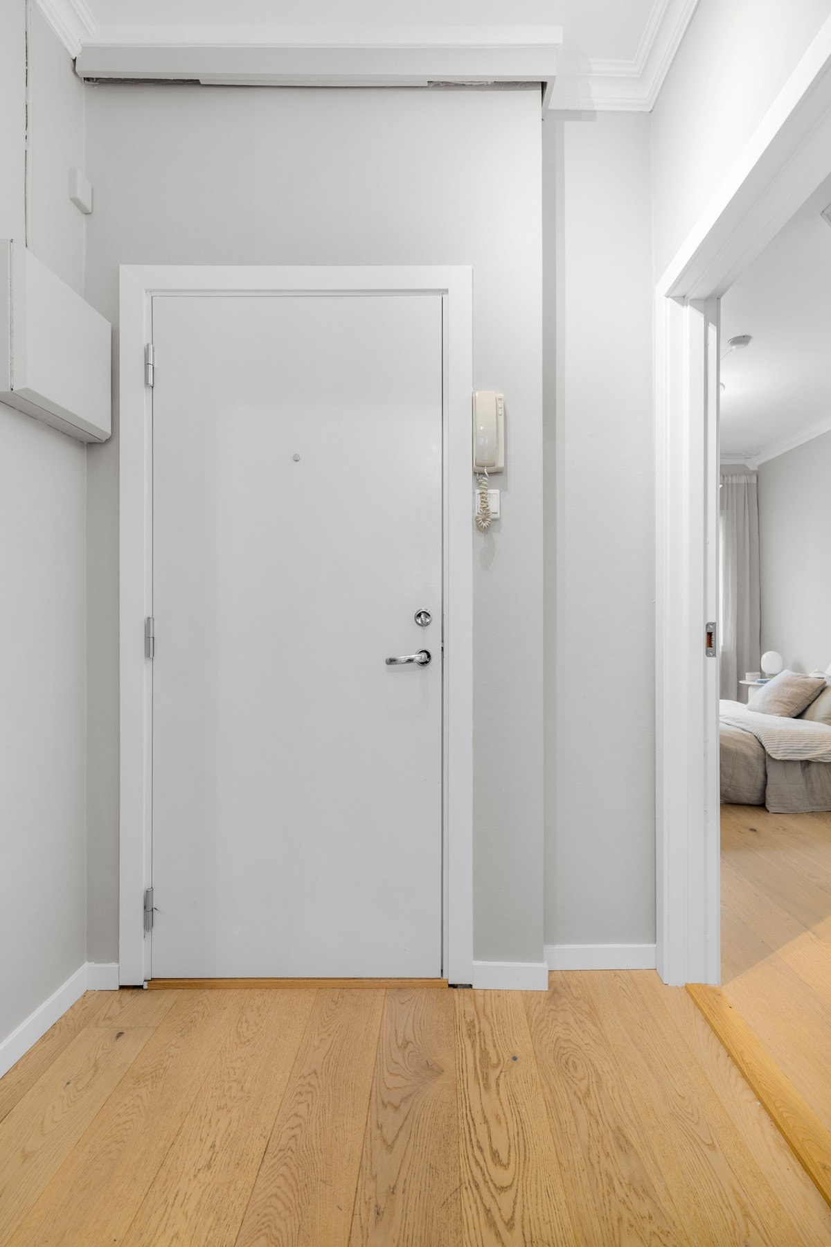 Montert porttelefon og sikringsskap med automatsikringer på vegg. Galleribilde