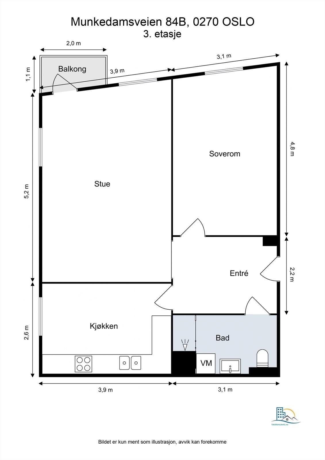 Plantegning til orientering. Leiligheten er nå en god 2-roms med store rom. Galleribilde