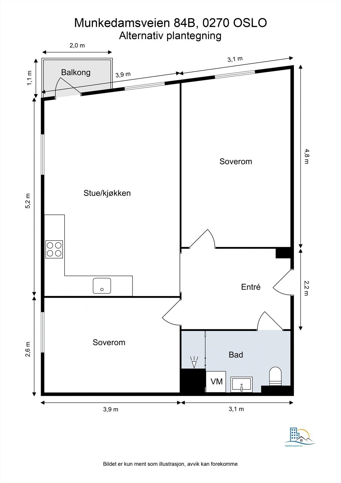 Alternativ planløsning med to soverom og åpen stue/kjøkkenløsning. (Tilsvarende leilighet i bygget har bygd om til denne løsningen) Galleribilde