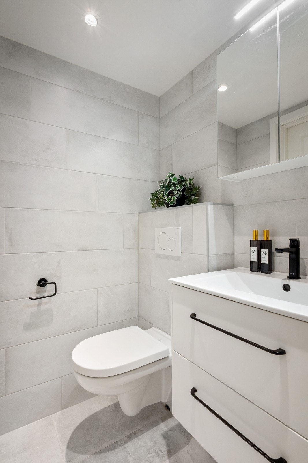 Her finner du dusjhjørne med regnfallsdusj, vegghengt toalett, servant med skuffeseksjon og speilskap med integrert belysning - en stilren og funksjonell løsning. Galleribilde