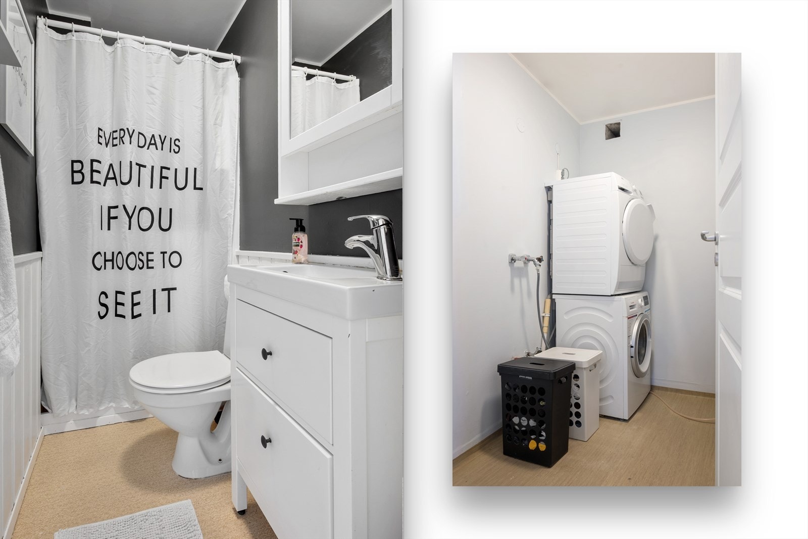 Toalettrommet har en enkel og praktisk innredning, mens vaskerommet er godt tilrettelagt med opplegg for både vaskemaskin og tørketrommel - en løsning som gjør hverdagen enklere. Bak forhenget er boligens varmtvannsbereder plassert, installert i 2018. Galleribilde