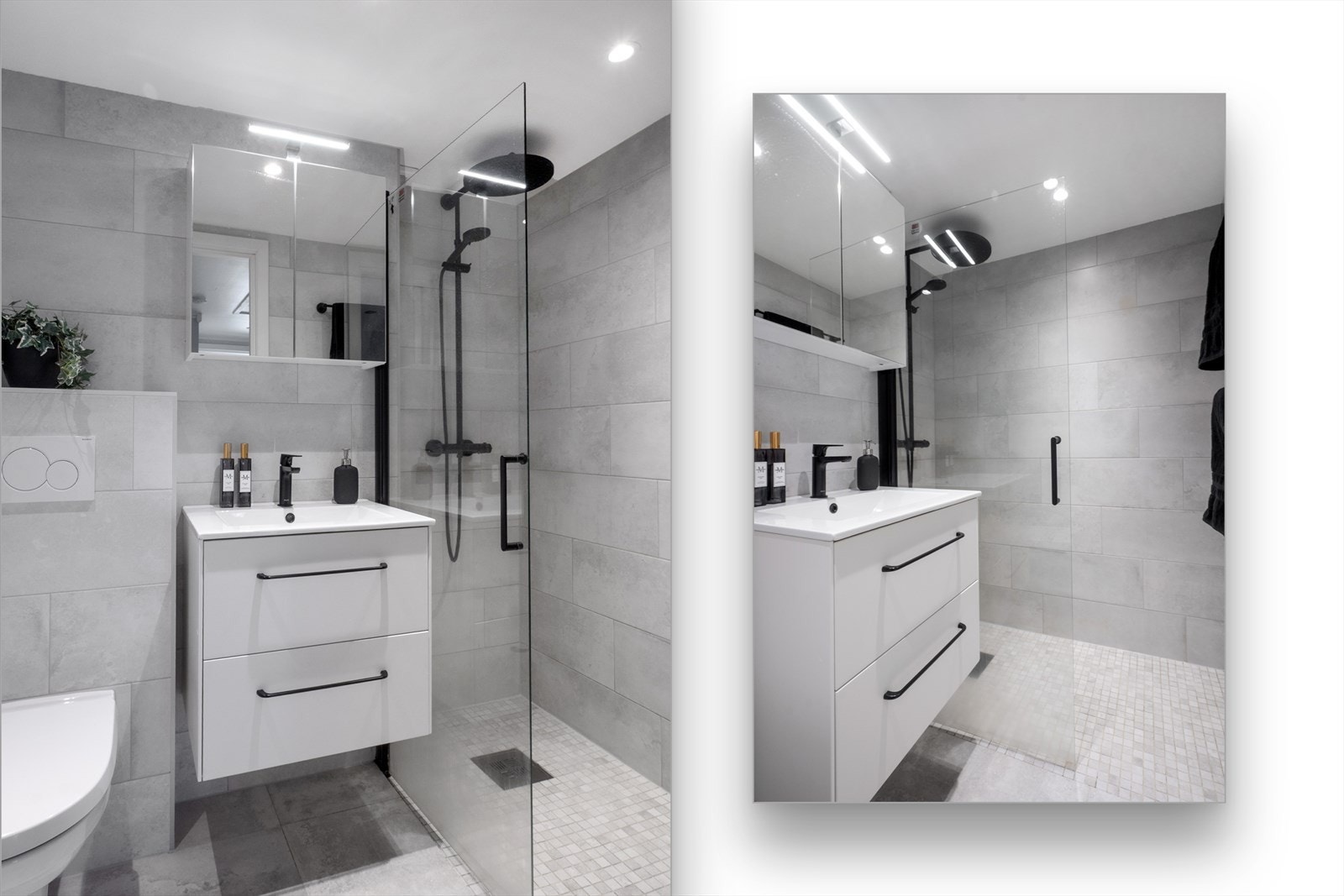 Badet ble pusset opp i 2022 og fremstår moderne, delikat og gjennomført. Lyse flislagte overflater med varme i gulvet kombineres elegant med sorte detaljer og gir rommet et eksklusivt preg. Galleribilde