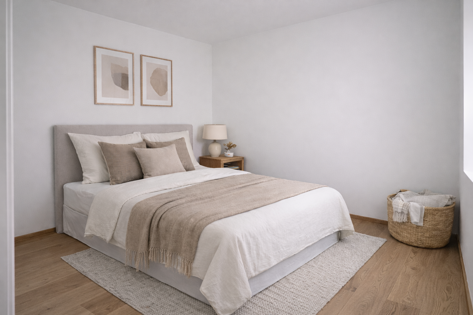 Hovedsoverom på 8,5 kvm med beliggenhet mot rolige omgivelser. Illustrasjonsbilde - rommet er digitalt møblert. Galleribilde