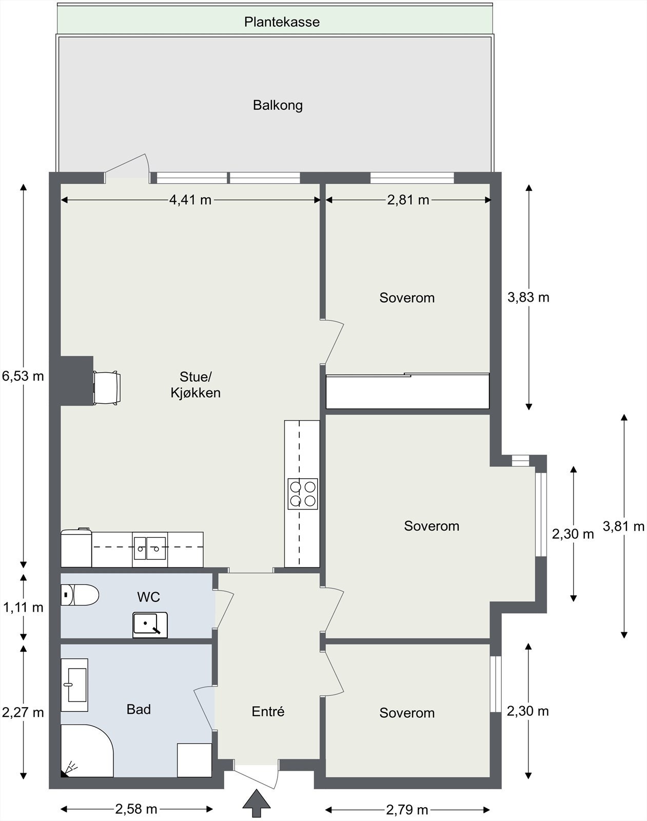 Alternativ plantegning med mulighet for å flytte kjøkkenet ut i stuen og etablere et ekstra soverom. Galleribilde