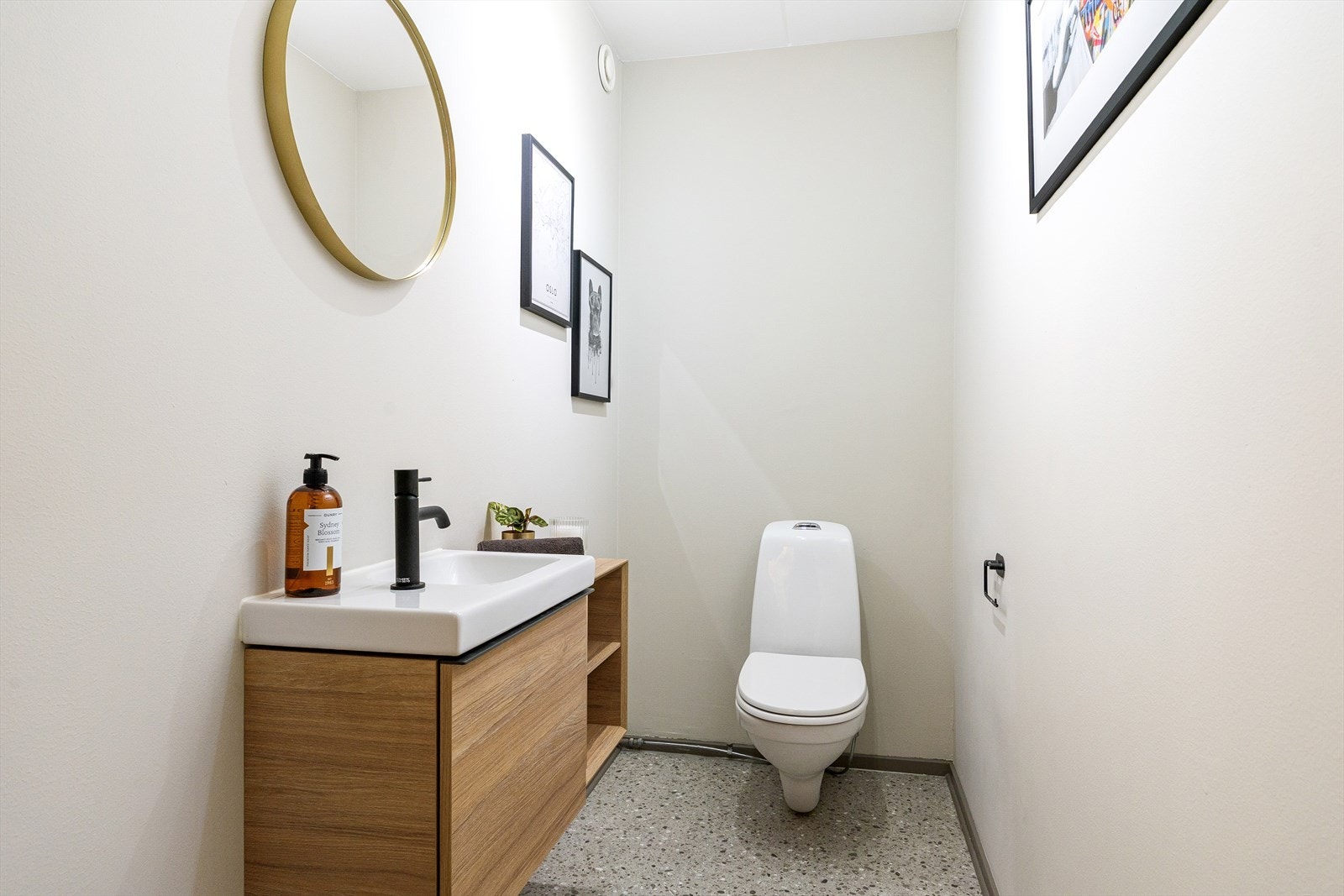 Nyoppusset toalettrom oppgradert i 2025. Rommet er utstyrt med vegghengt WC samt servant integrert i innredning med ettgreps blandebatteri. Galleribilde