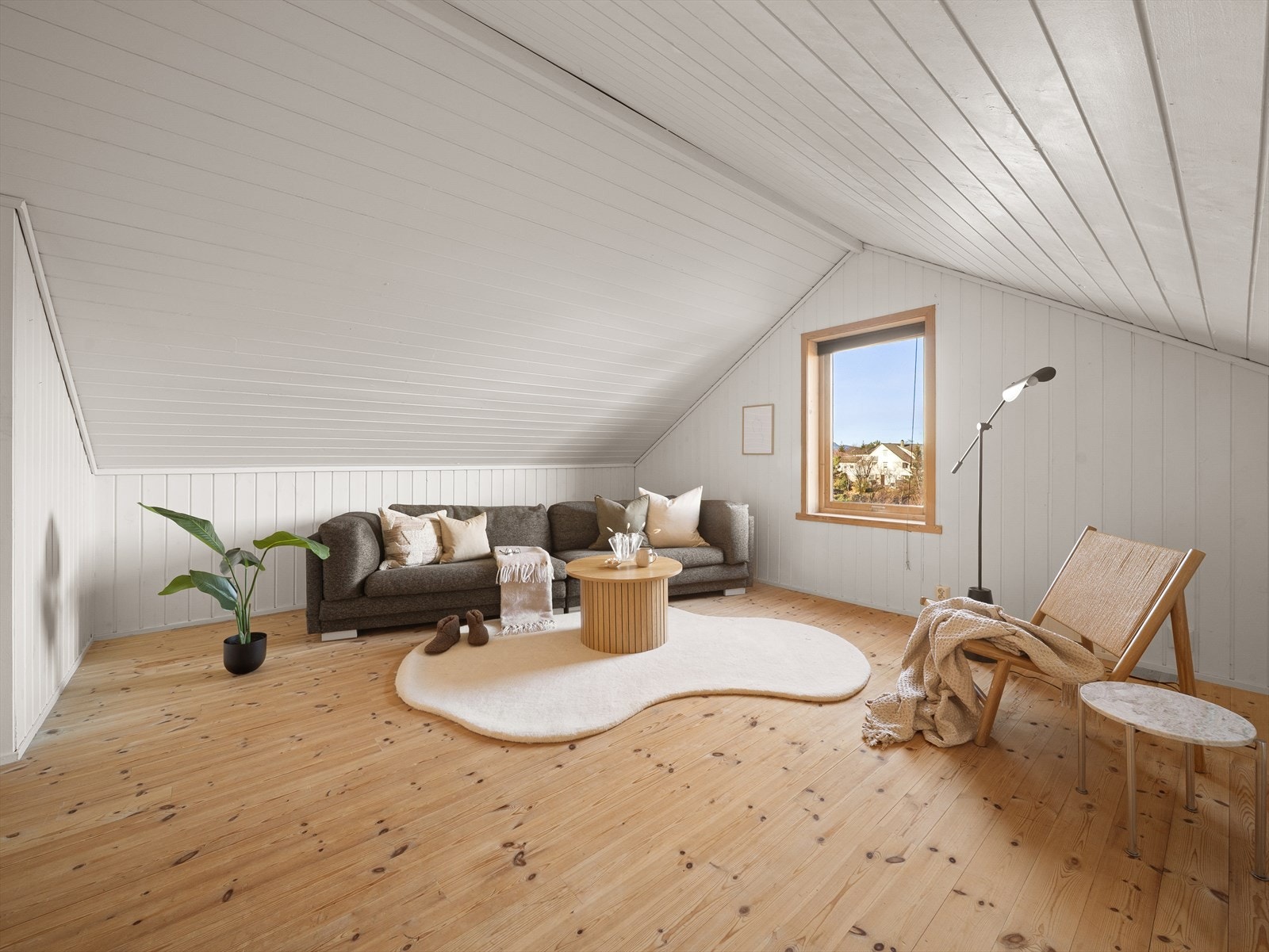 Innredet loftstue med plass til sofa, stuebord og TV-møblement. (Innredning er ikke omsøkt). Galleribilde