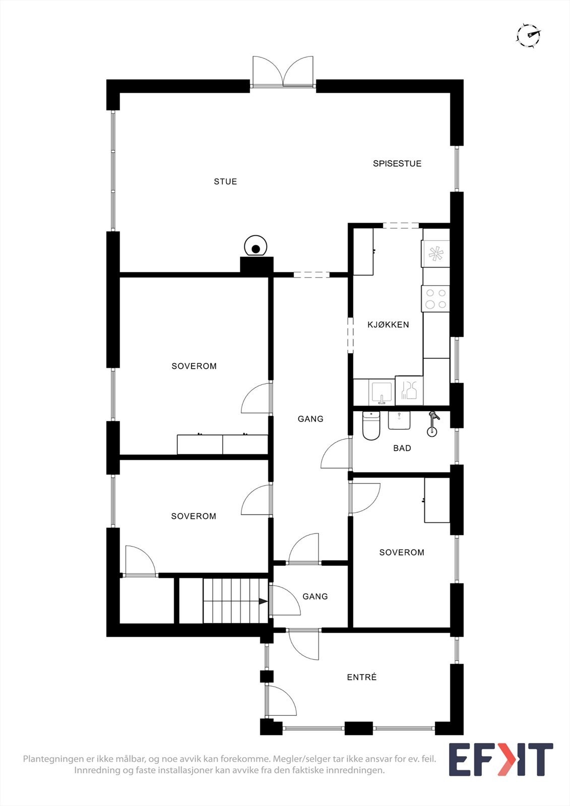 Hovedetasjen har en praktisk planløsning med tre soverom, bad og åpen stue/kjøkkenløsning. Galleribilde
