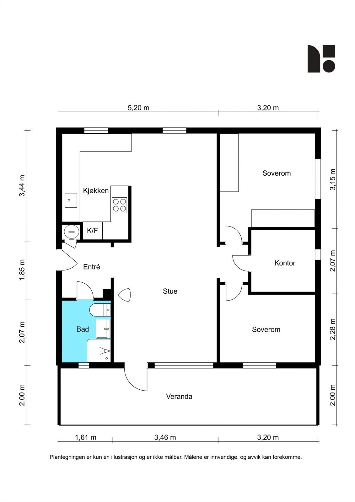 Leiligheten ligger i byggets 2. etasje med en arealeffektiv planløsning på 65 m² (intern bruksareal). Galleribilde