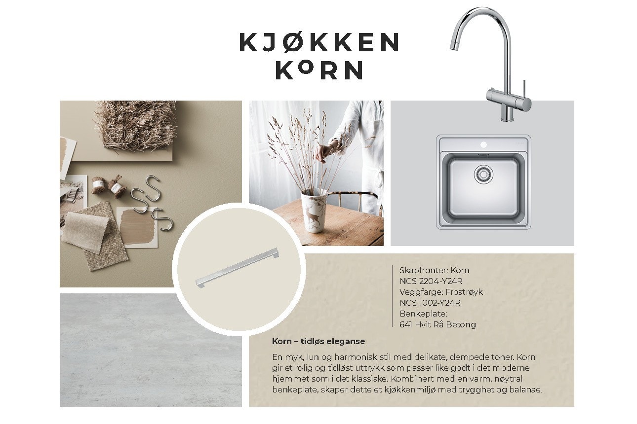 3 valgfrie stilpakker til kjøkkenet. Valgmulighet for kjøkkenfarger og benkeplate som gir personlig preg, uten å gå på kompromiss med kvalitet eller funksjon. Galleribilde