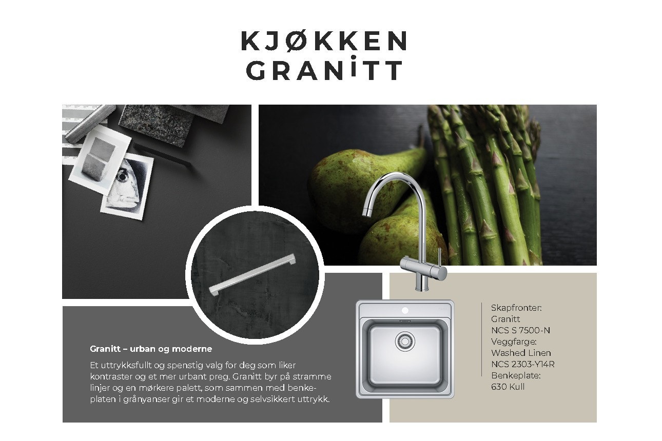 3 valgfrie stilpakker til kjøkkenet. Valgmulighet for kjøkkenfarger og benkeplate som gir personlig preg, uten å gå på kompromiss med kvalitet eller funksjon. Galleribilde