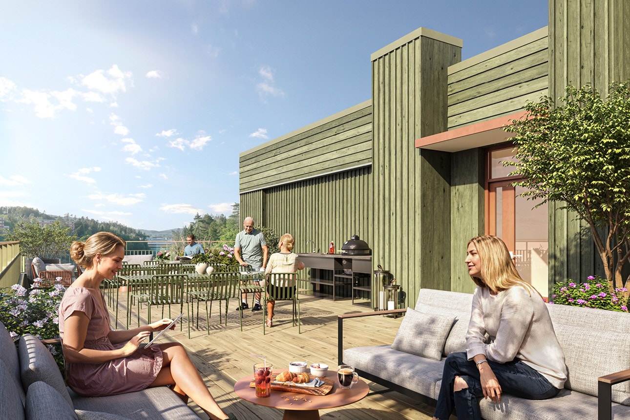 Felles takterrasse og loungeområde med utsikt - en sosial sone hvor du kan treffe naboer, samle venner eller nyte utsikten over Bondivann. Galleribilde