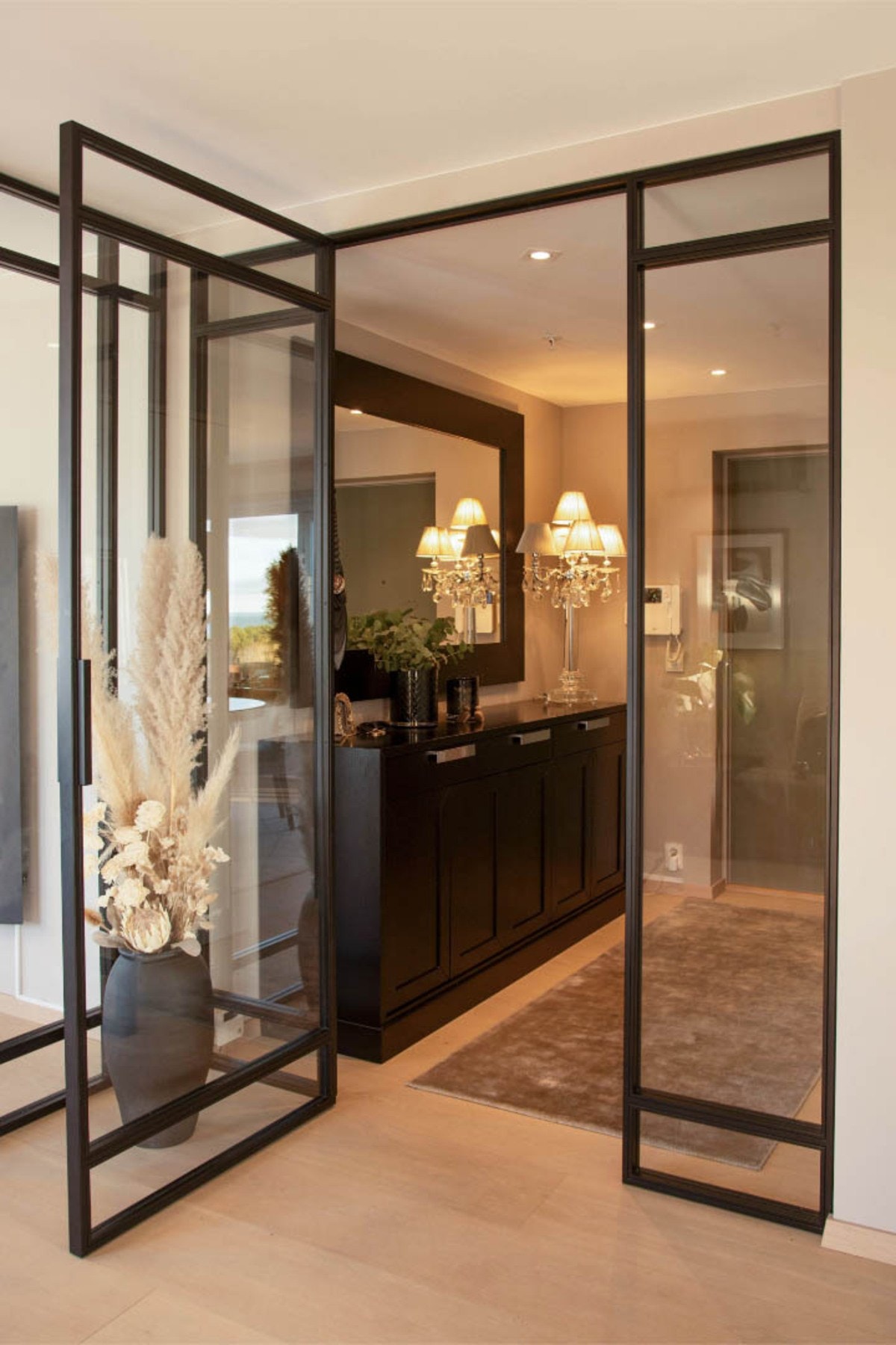 Hall. Dør i glass med sort innramming Galleribilde