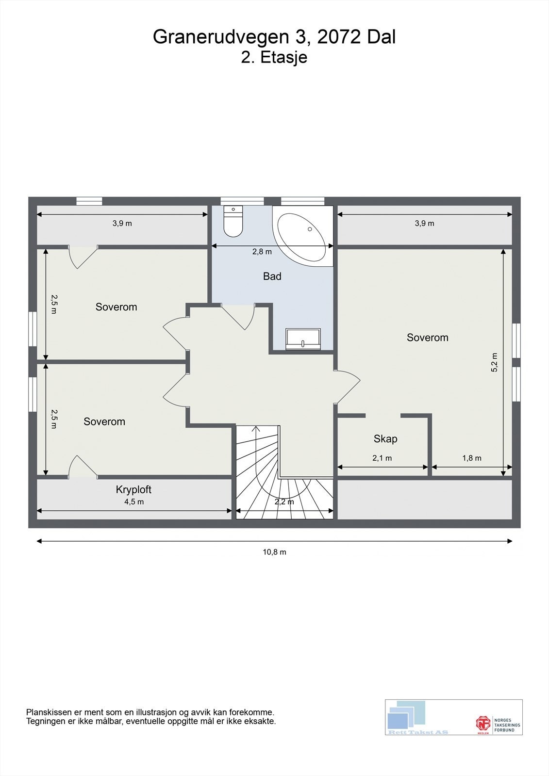 Andre etasje inneholder tre soverom og et bad, praktisk samlet i en egen sone. Galleribilde
