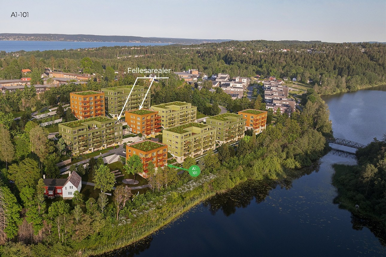 Leiligheten får utsikt til kunstparken ned mot vannet. Galleribilde