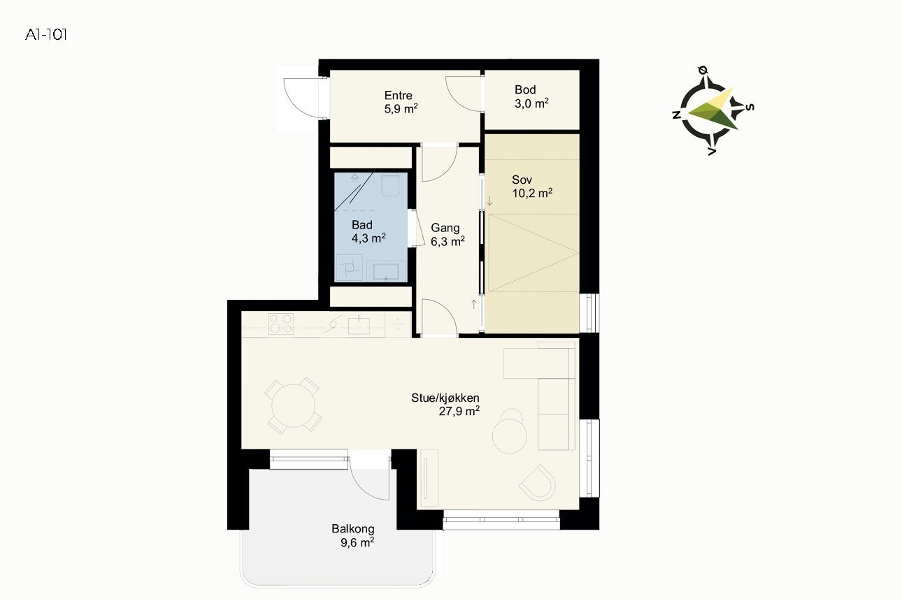 Smart og effektiv planløsning med romslig stue/kjøkken og god balanse mellom private og sosiale soner. Galleribilde