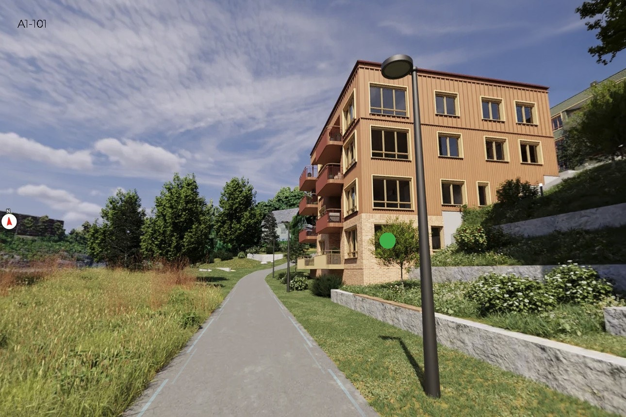 Leiligheten ligger uten bygg foran seg - med grønne fellesområder og vannet like i nærheten. Galleribilde