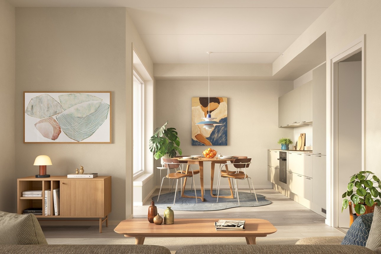 Leiligheten ligger i naturskjønne omgivelser rett ved vannspeilet og grønne omgivelser. Galleribilde