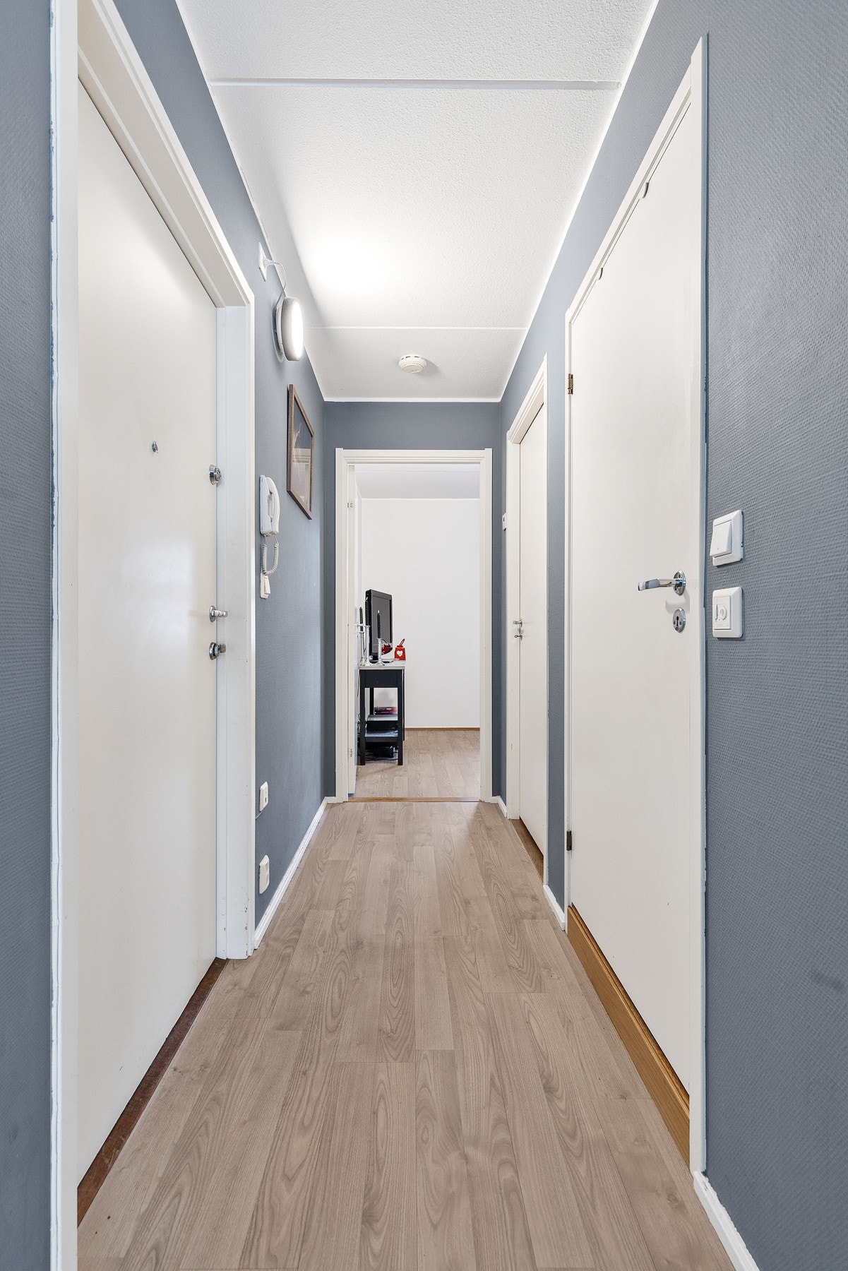 Entré med laminat på gulv, malt strietapet på vegger og malt betong i himling Galleribilde