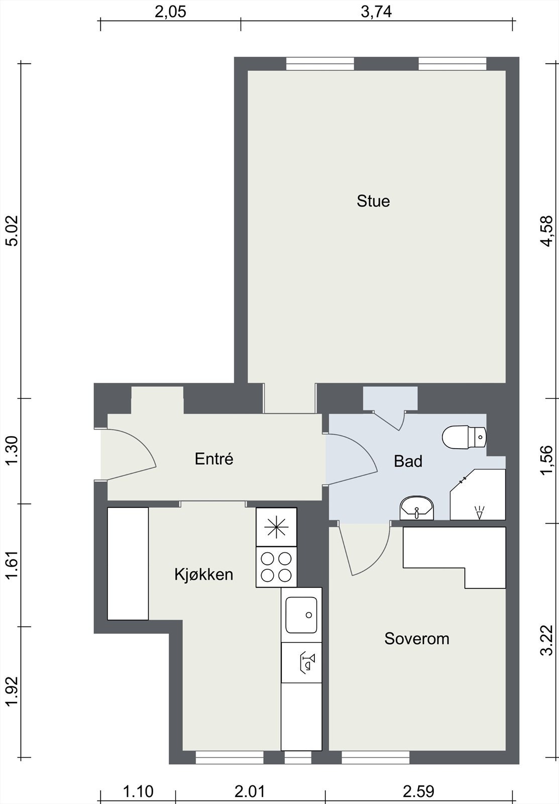 Leiligheten er på 46 m² og har en arealeffektiv planløsning med entré, stue, kjøkken, bad og soverom. Galleribilde