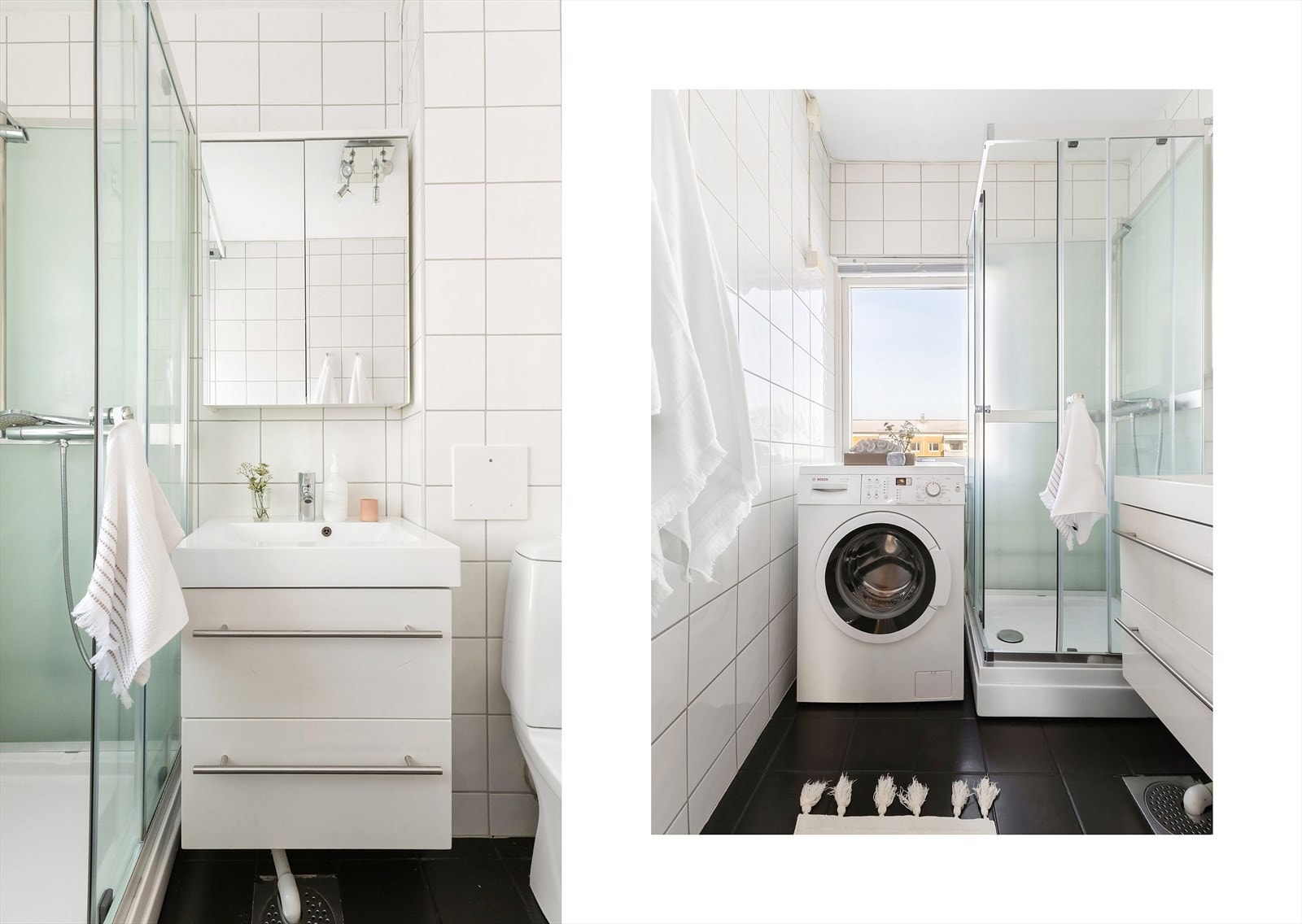 Badet er flislagt med varmekabler i gulv, toalett, dusjkabinett og opplegg til vaskemaskin. En praktisk baderomsinnredning sørger for mye oppbevaringsplass. Galleribilde