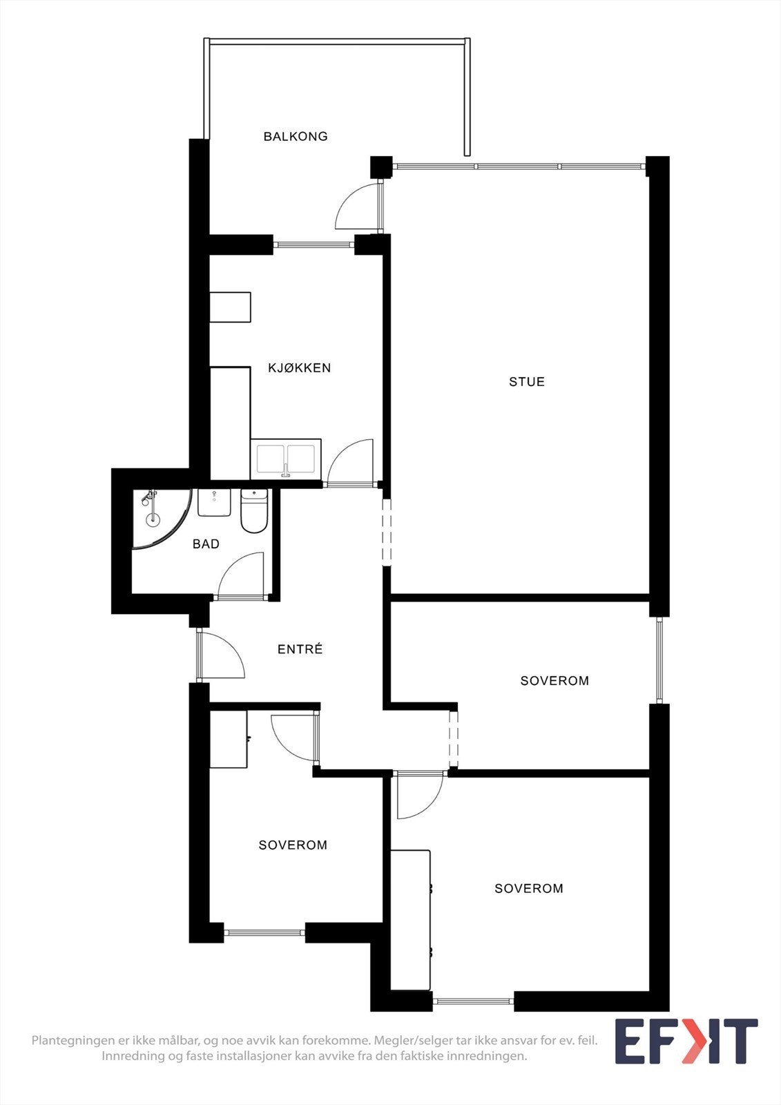 Leiligheten i 4. etasje har en arealeffektiv planløsning med tre soverom og separat kjøkken. Galleribilde