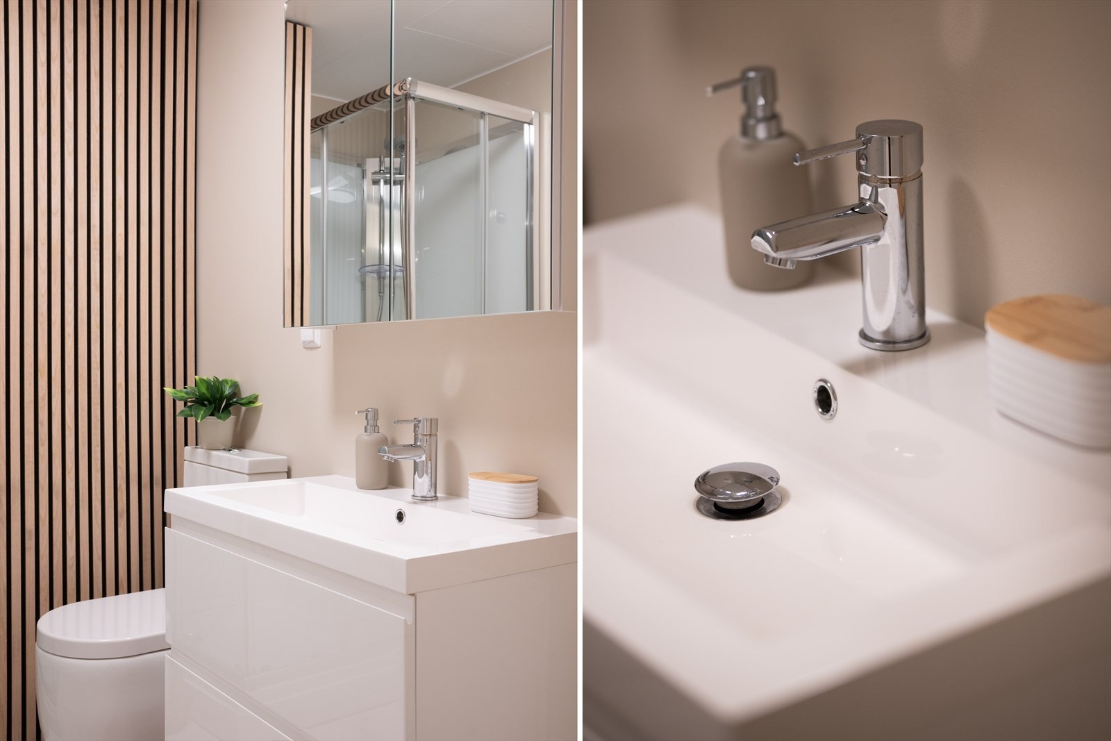 Pene flislagt gulv med varmekabler som gir en ekstra komfort, videre består Innredningen av helstøpt servant med underskap, gulvmontert toalett og praktisk dusjkabinett. Galleribilde