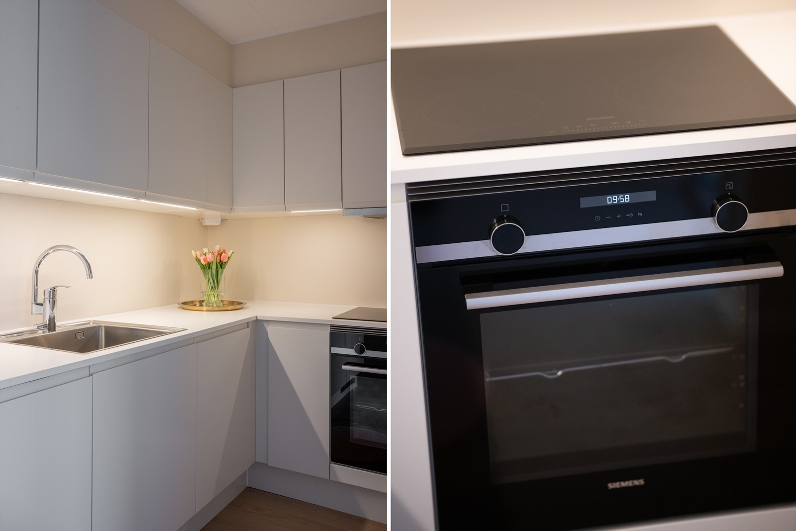 Induksjon koketopp er innfelt i benkeplaten, med kjøkkenventilator med avtrekk ført i kanal til yttervegg montert over koketopp. Galleribilde