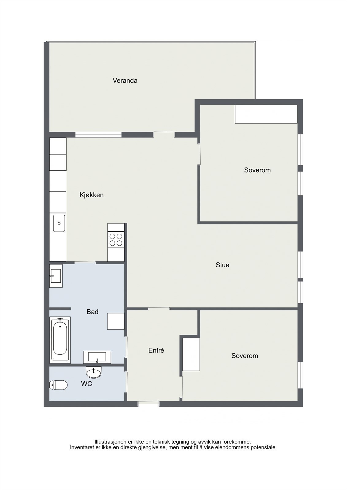 Leiligheten har en gjennomtenkt planløsning på 77 m² som omfatter stue, kjøkken, to soverom, bad og toalettrom. Galleribilde