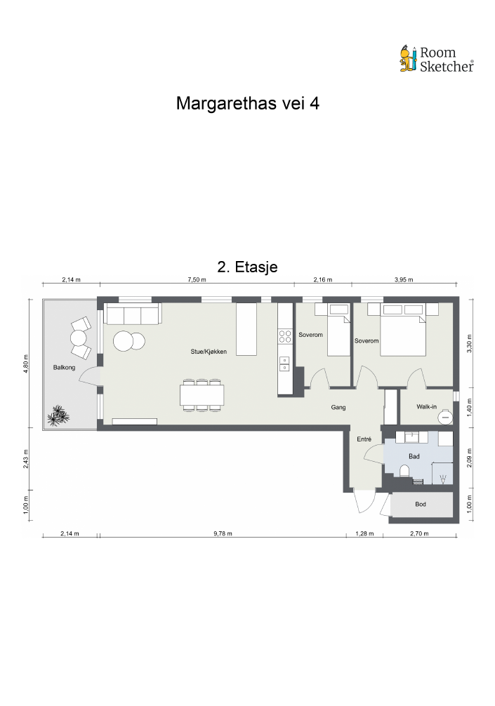 Leiligheten har en arealeffektiv planløsning med to soverom og åpen stue-kjøkkenløsning. Galleribilde