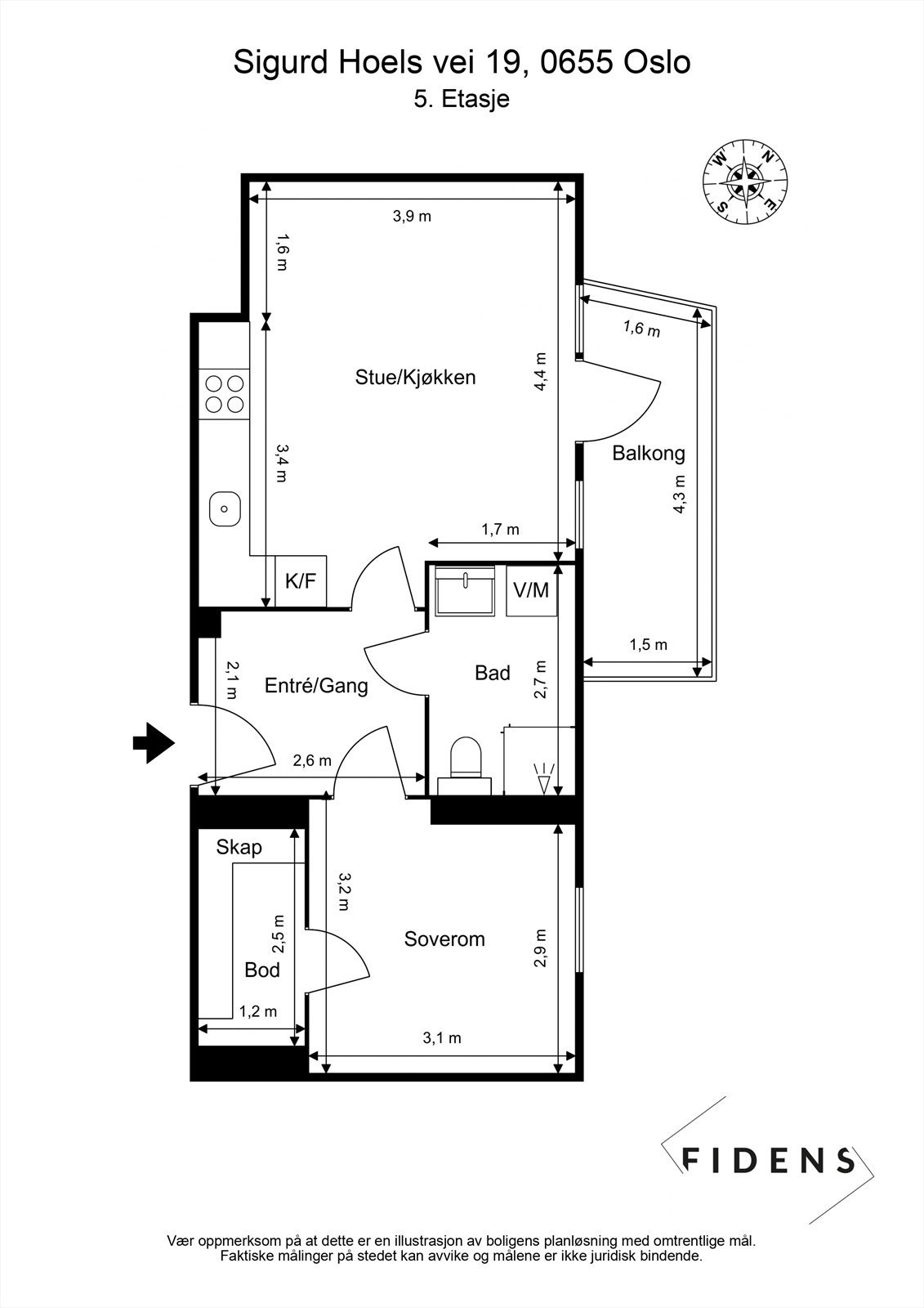 Plantegning. Leiligheten disponerer i tillegg en kjellerbod på ca. 5 kvm og en garasjeplass med el-lader. Galleribilde