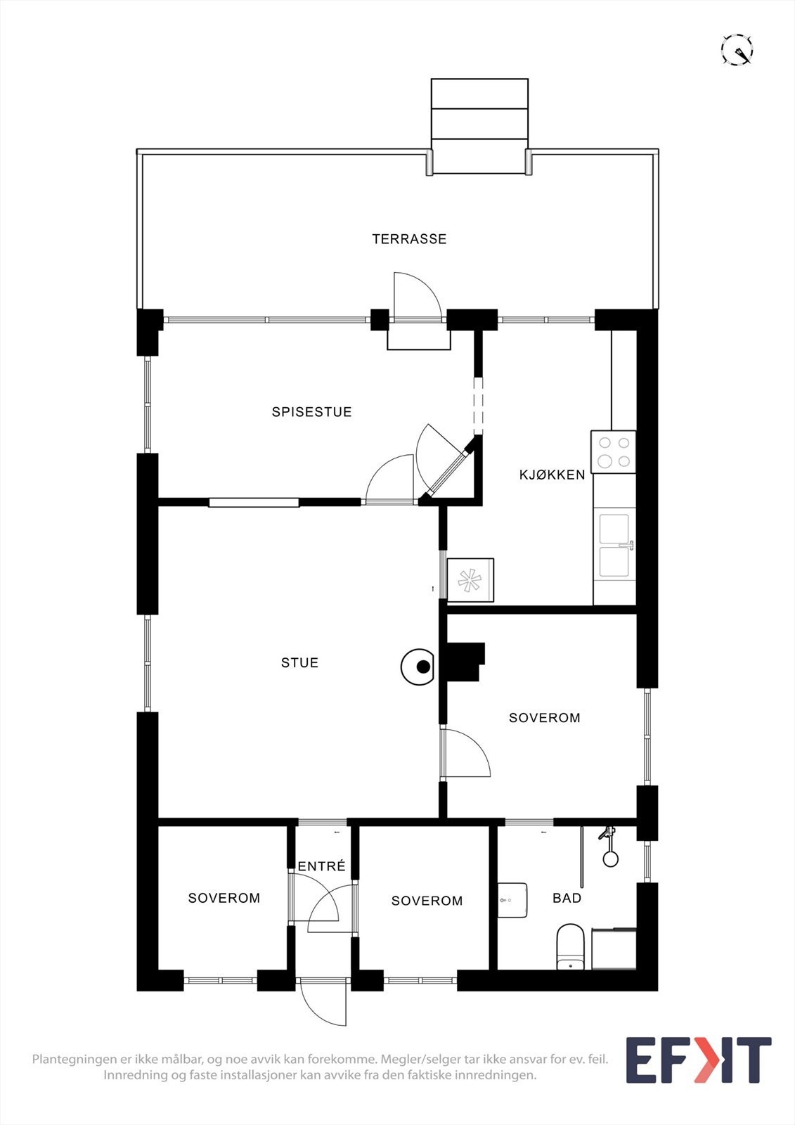Planløsningen gir god romfordeling med tre soverom, to stuer og direkte utgang til terrasse. Galleribilde