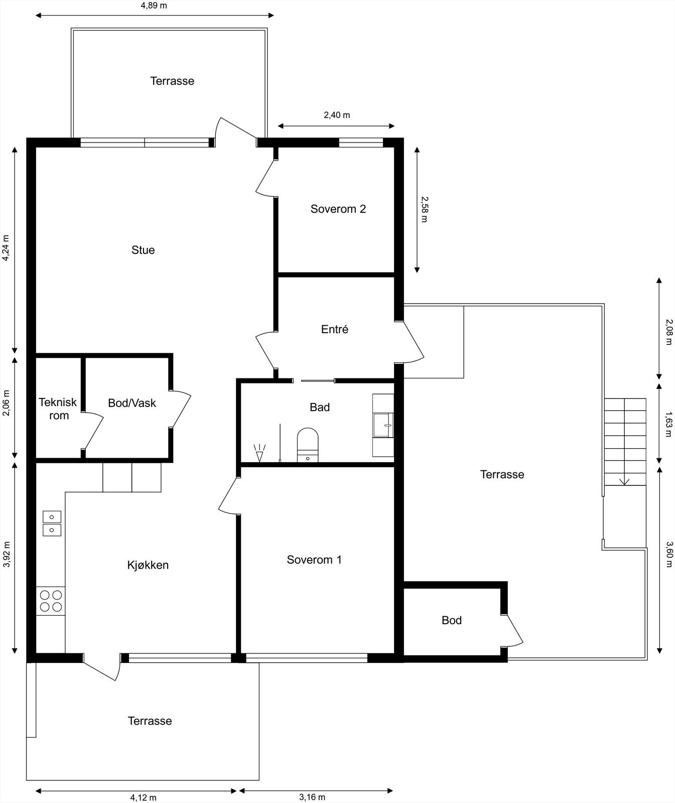 Planløsningen er arealeffektiv med to soverom, to bad og åpen stue-kjøkkenløsning. Galleribilde