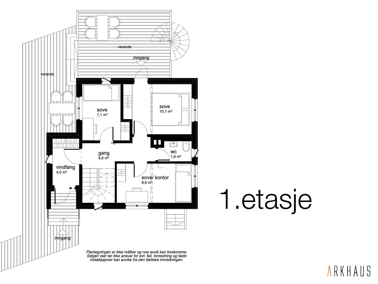 1. etasje, BRA 44 m² inneholder: Vindfang med garderobe, 3 soverom, WC, trapp opp/ned Galleribilde