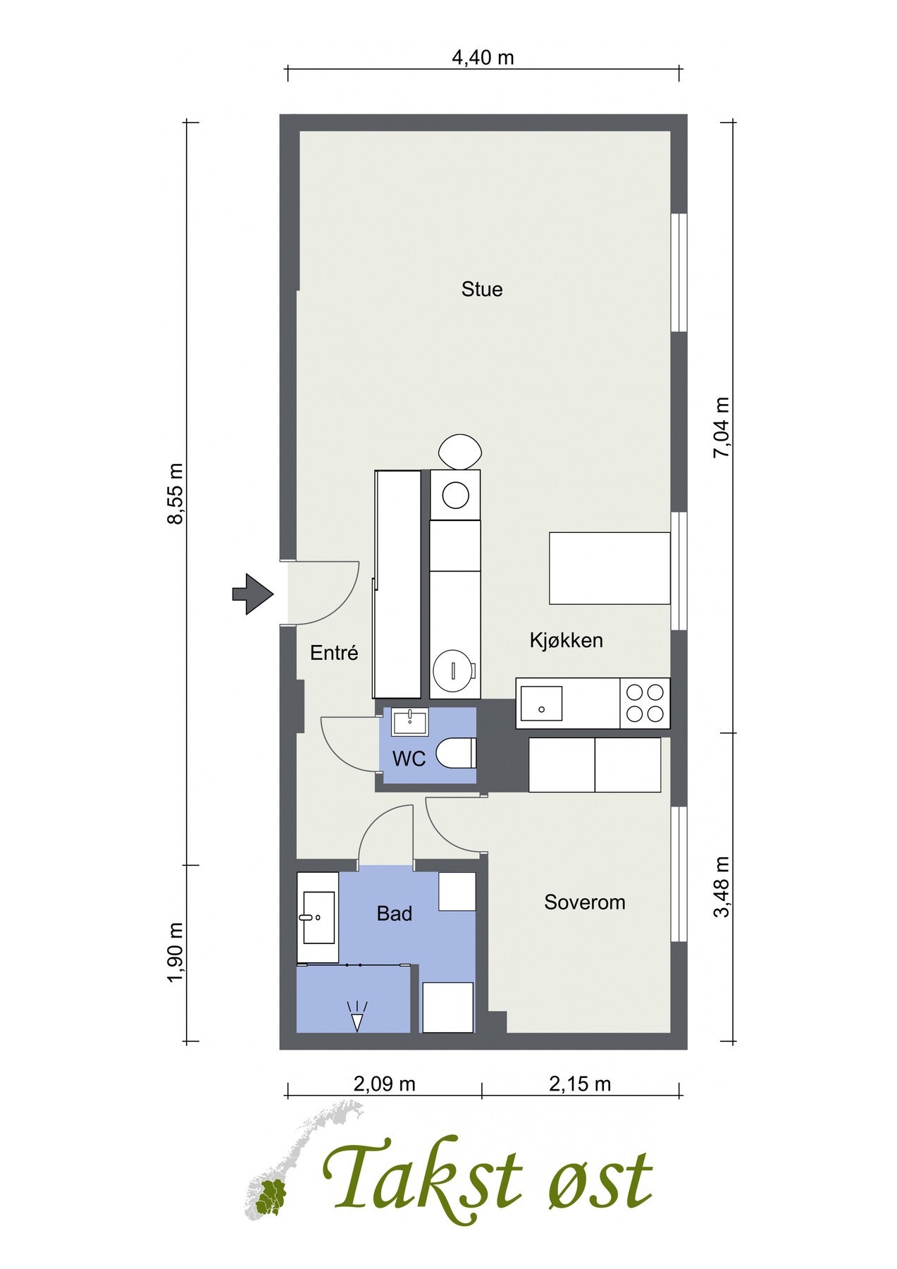 Plantegning. I tillegg disponerer leiligheten en kjellerbod på 5 kvm og en loftsbod på 3 kvm. Galleribilde