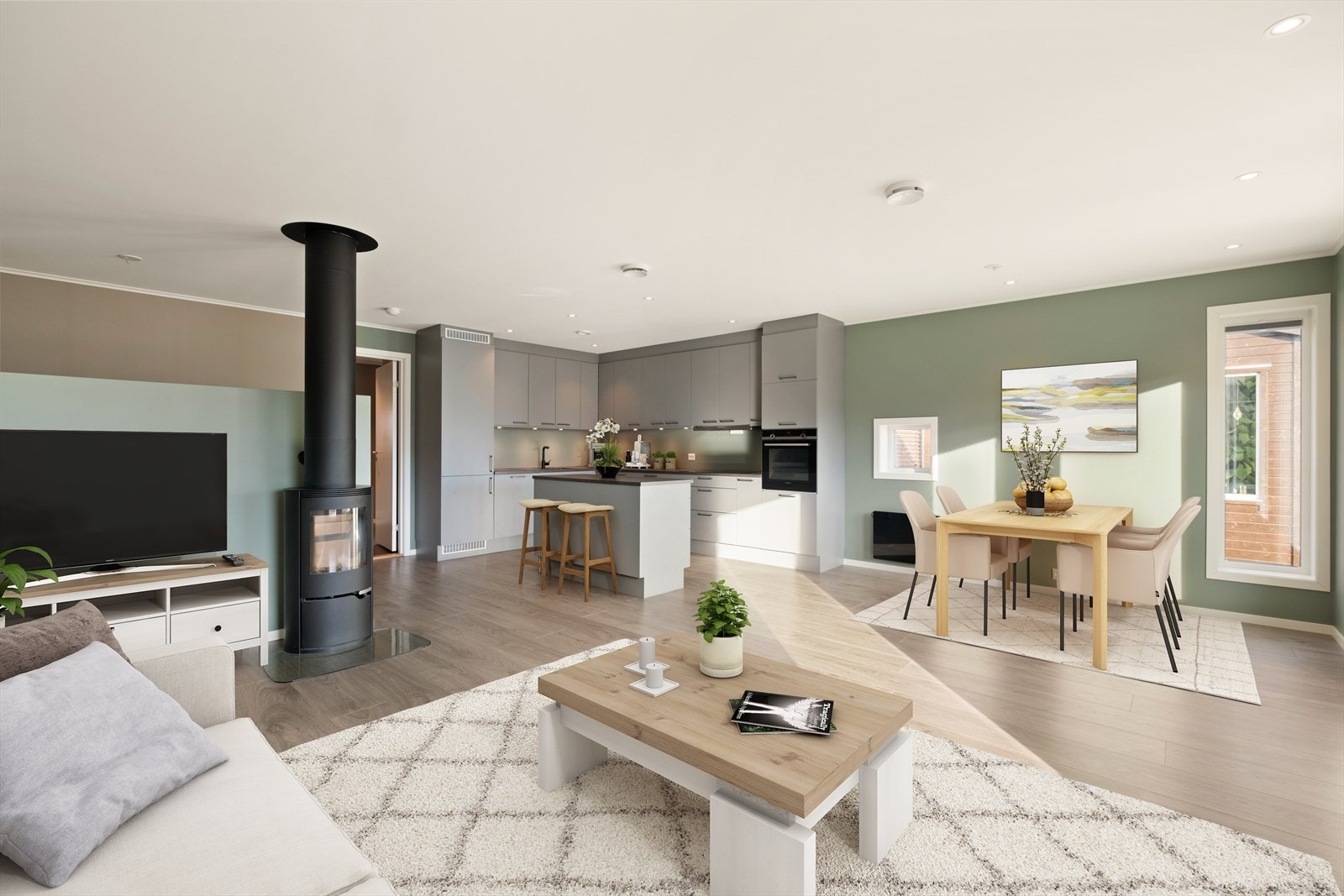 Åpen løsning mellom stue og kjøkken Galleribilde