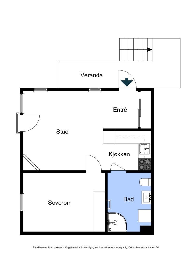 Planløsningen på 44 m² består av en entré, bad, soverom og en åpen stue- og kjøkkenløsning. Galleribilde