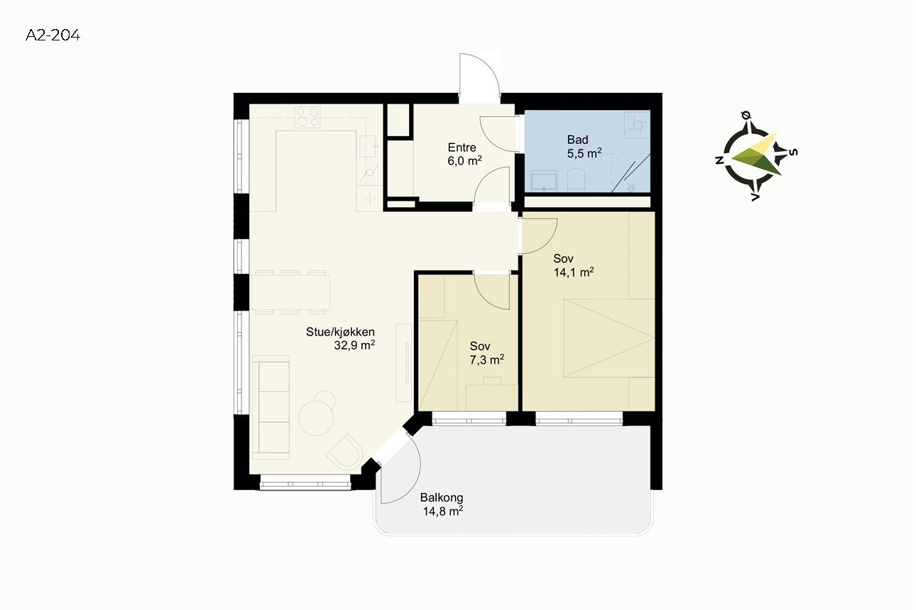 Oversiktlig plan med naturlig soneinndeling mellom oppholdsrom og privat sone. Smarte løsninger og god romfølelse. Galleribilde