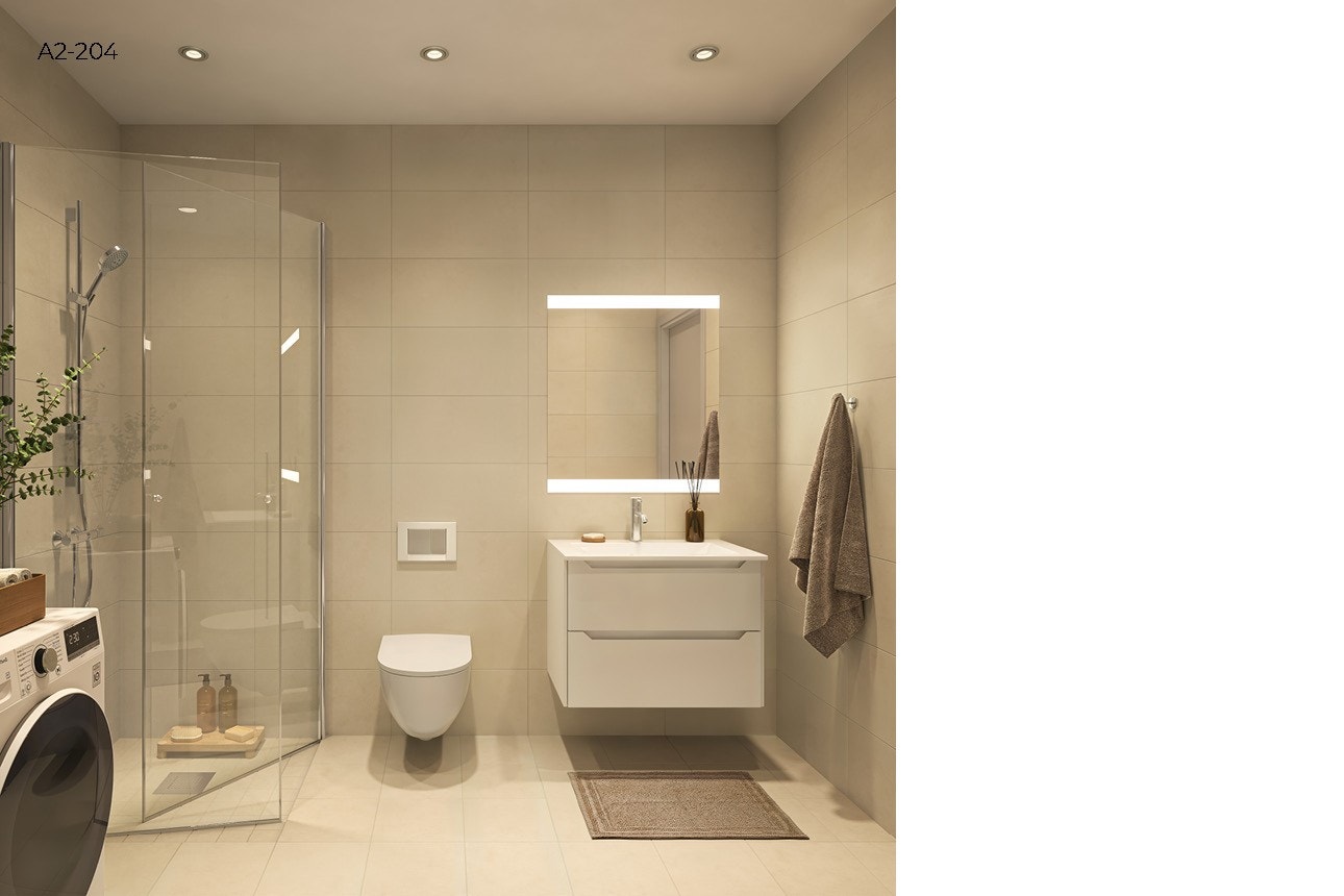 Delikat, flislagt og funksjonelt bad med moderne uttrykk og praktiske løsninger. Galleribilde